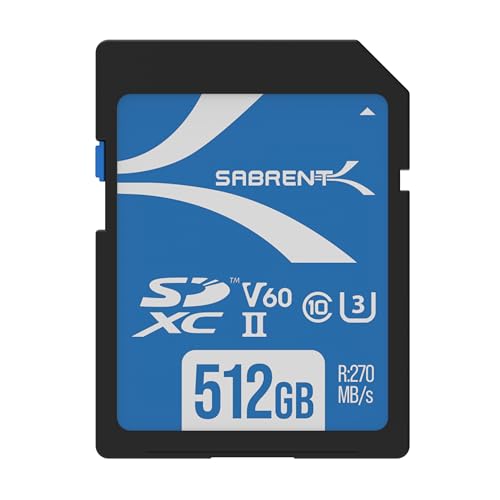 SABRENT SD Karte 512GB V60, SDXC Card UHS II, SD Speicherkarte Class 10, U3, R270MB/s W170MB/s Full HD Ultra 8K (SD-TL60-512GB) von SABRENT