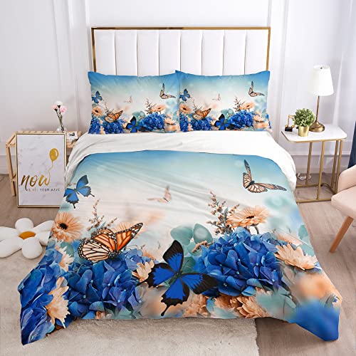Sacebeleu 3D Bettwäsche 135x200 cm Blau Weiß Schmetterling Blumenmuster Bettwäsche Set Elegant Einzelbett Bettbezug mit Reißverschluss und 1 Kissenbezug 80x80cm von Sacebeleu