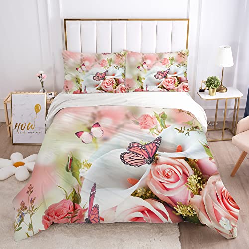 Sacebeleu 3D Bettwäsche 135x200 cm Rosa Weiß Schmetterling Blumenmuster Bettwäsche Set Elegant Einzelbett Bettbezug mit Reißverschluss und 1 Kissenbezug 80x80cm von Sacebeleu