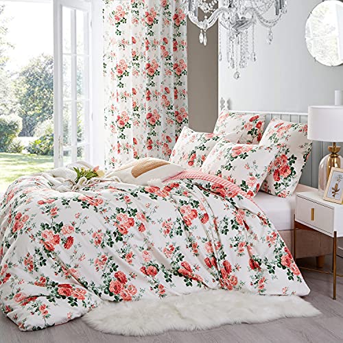 Sacebeleu Bettwäsche 135x200 cm Rot Weiß Blätter Blumen＆ Kariert Muster Pflanzen Vintage Wendebettwäsche Set Microfaser Einzelbett Bettbezug mit Reißverschluss und Kissenbezug 80x80 cm von Sacebeleu