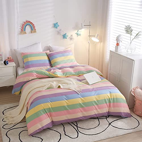 Sacebeleu Bettwäsche 135x200cm Mädchen Bunt Gestreift Regenbogen Kinderbettwäsche Set aus Mikrofaser,1 Bettbezug und 1 Kissenbezug 80x80cm mit Reißverschluss von Sacebeleu