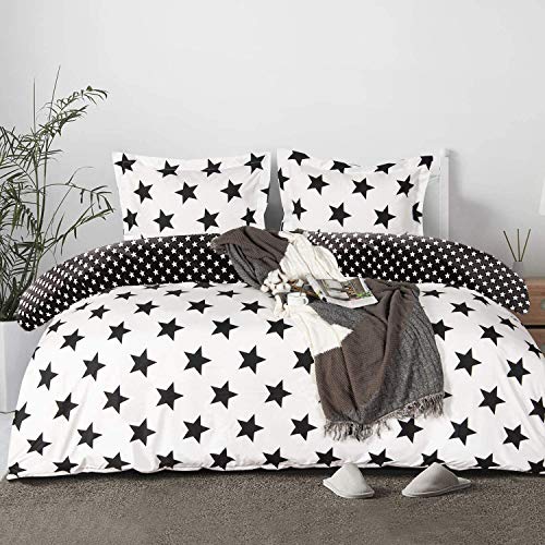 Sacebeleu Bettwäsche 155x220cm Sterne Kinder Jungen Mädchen Schwarz Weiß Wendebettwäsche Set 2 TLG,155x220cm+80x80cm mit Reißverschluss von Sacebeleu