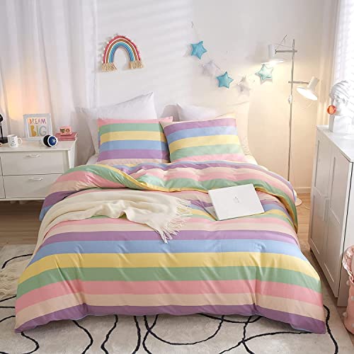 Sacebeleu Bettwäsche 200x200cm Mädchen Kinder Bunt Gestreift Regenbogen Teens Doppelbett Bettwäsche Set aus Mikrofaser,1 Bettbezug und 2 Kissenbezug 80x80cm mit Reißverschluss von Sacebeleu