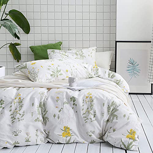 Sacebeleu Bettwäsche 200x200cm Weiß Grün Blätter Blumenmuster Sommer Pflanzen Design Microfaser Wendebettwäsche Doppelbett Bettbezug mit Reißverschluss und 2 Kissenbezug 80x80 cm von Sacebeleu