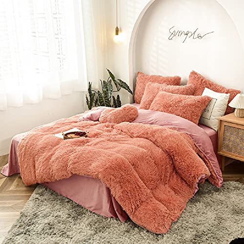 Sacebeleu Plüsch Bettwäsche Set 135x200cm 4 Teilig Altrosa Rosa Warme Winter Flauschig Flanell Biber Mädchen 2 Bettbezug mit Reißverschluss und 2 Kissenbezug 80x80cm von Sacebeleu