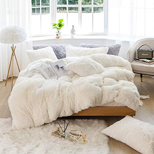 Sacebeleu Plüsch Bettwäsche Set 155x220cm Weiß Creme Warme Winter Flauschig Flanell Biber Mädchen Bettbezug Deckenbezug mit Reißverschluss und 1 Kissenbezug 80x80cm von Sacebeleu