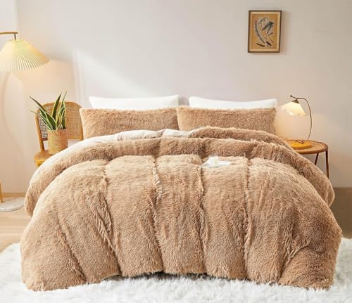 Sacebeleu Plüsch Bettwäsche Set 200x200cm Khaki Hellbraun Warme Winter Flauschig Flanell Biber Mädchen Bettbezug Deckenbezug mit Reißverschluss und 2 Kissenbezug 80x80cm Doppelbett von Sacebeleu