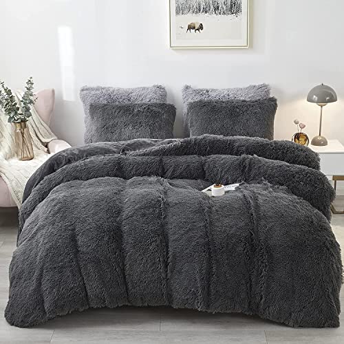 Sacebeleu Plüsch Bettwäsche Set 200x220cm Dunkelgrau Grau Warme Winter Flauschig Flanell Biber Mädchen Bettbezug Deckenbezug mit Reißverschluss und 2 Kissenbezug 80x80cm Doppelbett von Sacebeleu