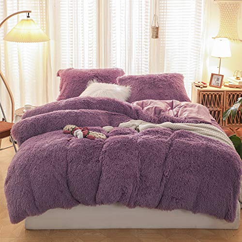 Sacebeleu Plüsch Bettwäsche Set 220x240cm Violett Lila Warme Winter Flauschig Flanell Biber Mädchen Bettbezug Deckenbezug mit Reißverschluss und 2 Kissenbezug 80x80cm Doppelbett von Sacebeleu