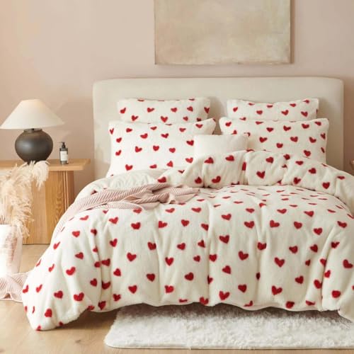 Sacebeleu Winter Bettwäsche 220x240 Plüsch Langhaar Flauschig Flanell Biber Bettbezug Rot Weiß Herzen Winterbettwäsche Warme Bettbezug und 2 Kissenbezug 80x80cm mit Reißverschluss von Sacebeleu