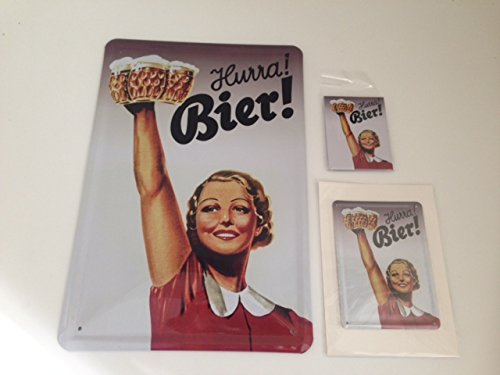 Sachen aus Blech HURRA Bier - 3er Set - Blechschild 20x30 cm + Blechkarte + Magnet von Sachen aus Blech