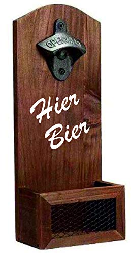 Wand - Flaschenöffner aus Holz mit Auffangbehälter | Spruch: Hier Bier | Vatertag Geschenkidee | Bier Öffner für Bar Partykeller | Echt Holz im Vintage Look | Geschenk Männergeschenk für Papa Mann von Sachverständigen-Zubehör.de