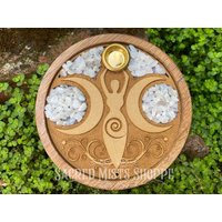 Mondgöttin Räucherstäbchen & Mini Kerzenhalter Mit Regenbogen Mondstein Inlay Rund Laser Geätzt Für Rituale, Heiliger Raum, Meditation, Hexerei von SacredMists