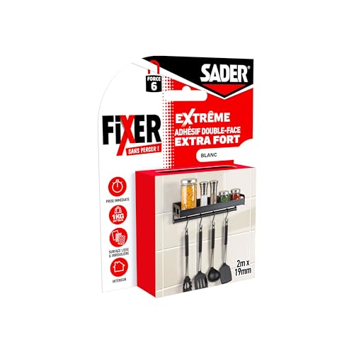 Sader Befestigung ohne Bohren – extra starkes doppelseitiges Klebeband – innen – mehrere Oberflächen – hält bis zu 10 kg – Farbe: weiß – 2 m x 19 mm von Sader