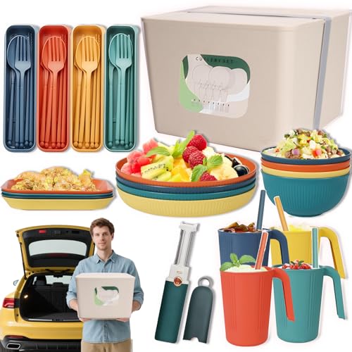 Sadodo 42 Teiliges Camping Geschirr Set mit Auto Aufbewahrungsbox für 4 Personen, Reisen Besteckset Picknick Grill mit Tasse,Schüsseln,Schäler,Camping Teller,Gabel,Messer,Löffel,Schneidebrett von Sadodo