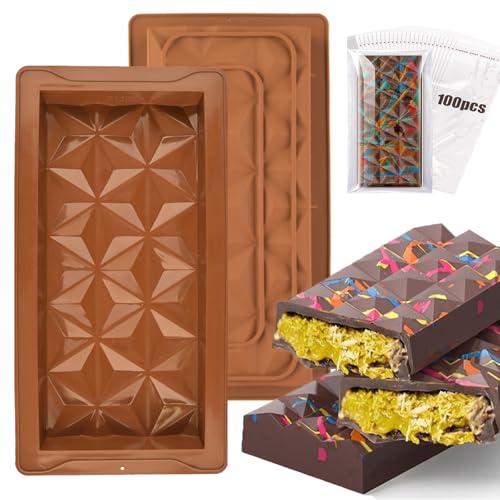 Sadodo Groß Silikon DUBAI Schokoladenform,2 Stück Süßigkeitenformen Bar,Tiefe Silikonformen Silikon-Backform Chocolate Bar Mold für DUBAI DIY Backen Form Schokolade + 100 Geschenkbeutel von Sadodo