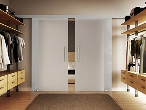 Glasschiebetür 217,5 x 155 cm Milchglas Satiniert blickdicht Sadora® SlimLine-System komplett Laufschiene und Stangengriff beidseitig, ESG-Sicherheitsglas in sehr hochwertiger Qualität. von Sadora