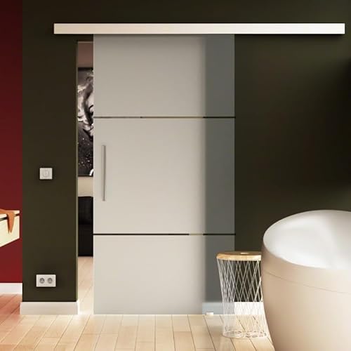 Made in Germany SoftClose Schiebetür aus Glas 900x2050 mm Design 2 waagerechte Streifen Sadora® SlimLine-System komplett Laufschiene und Muschelgriffen für Innenbereich Echtglas Schiebetüre von Sadora