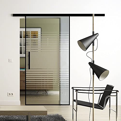 Rahmen-SoftClose-Glas-Schiebetür 1025x2050 mm Lamellen Design Sadora® Slimline-System komplett Laufschiene in Schwarz und Griffleiste beidseitig von Sadora