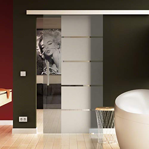 SoftClose/SoftStop Glasschiebetür 1025 x 2050 mm im Design 5-Streifen mit Klarglas Links Sadora® SlimLine-System komplett Laufschiene und Stangengriff beidseitig. ESG-Sicherheitsglas von Sadora