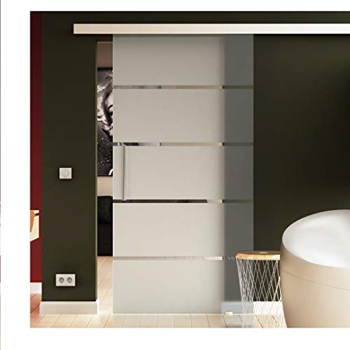 SoftClose/SoftStop Glasschiebetür 1025x2050 mm Milchglas Satiniert gestreift (S) Sadora® SlimLine-System komplett Laufschiene und Stangengriff beidseitig. ESG-Sicherheitsglas von Sadora