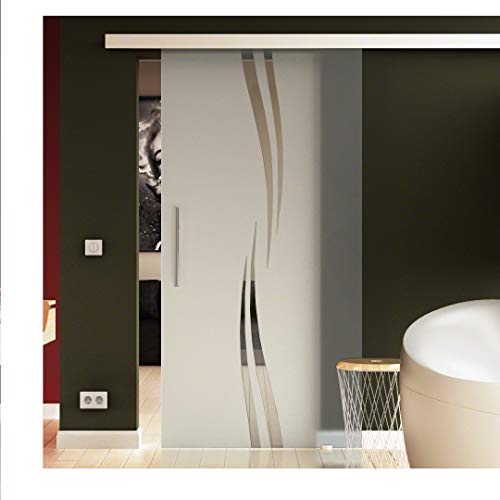 SoftClose/SoftStop Glasschiebetür 1025x2050 mm im Wellen-Design (A) Sadora® SlimLine-System komplett Laufschiene und Stangengriff beidseitig. ESG-Sicherheitsglas in sehr hochwertiger Qualität. von Sadora