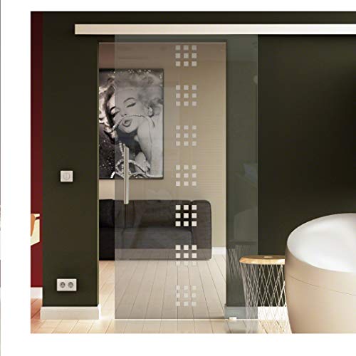 SoftClose/SoftStop Glasschiebetür 775x2050 mm im Rekursiv-Design (R) Sadora® SlimLine-System komplett Laufschiene und Stangengriff beidseitig. ESG-Sicherheitsglas in sehr hochwertiger Qualität von Sadora