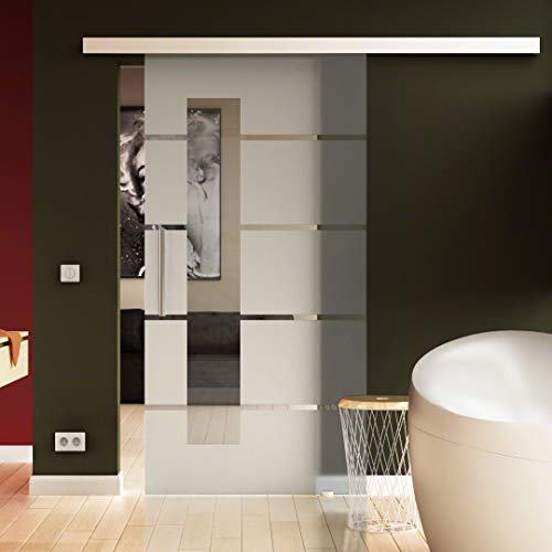 SoftClose/SoftStop Glasschiebetür 900 x 2050 mm im 5Streifen-Design mit Lichtausschnitt Sadora® SlimLine-System komplett Laufschiene und Stangengriff beidseitig. ESG-Sicherheitsglas von Sadora