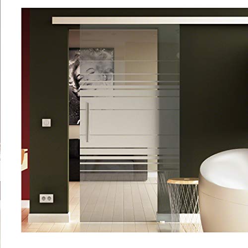 SoftClose/SoftStop Glasschiebetür 900x2050 mm Milchglas Satiniert im Horizont-Design (H) Sadora® SlimLine-System komplett Laufschiene und Stangengriff beidseitig. von Sadora