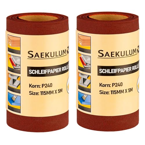 2x Schleifpapier Rolle Korn 240, 115 mm x 5m, Sandpapier Schmirgelpapier universal einsetzbar, für Holz Kunststoff Lacke Metall von Saekulum