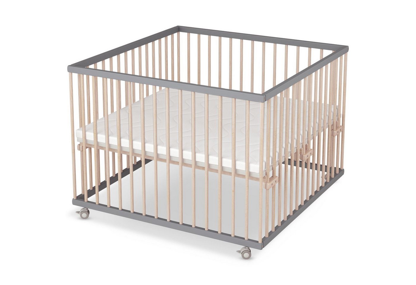 Sämann Babybett Laufgitter 100x100 cm mit Matratze SleepPlus grau/natur Premium, stufenlos höhenverstellbar von Sämann