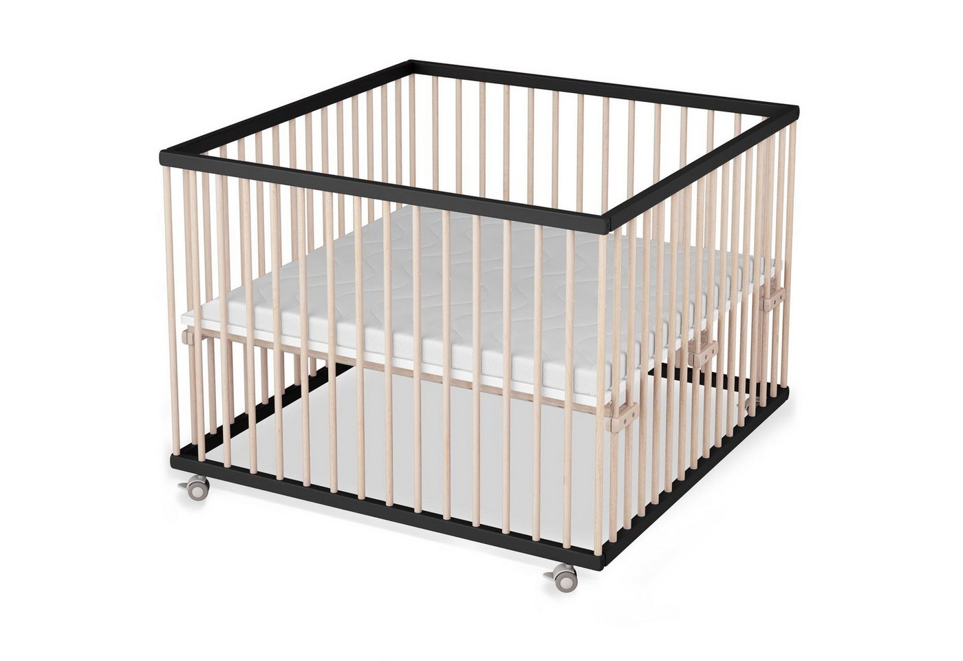 Sämann Babybett Laufgitter 100x100 cm mit Matratze SleepPlus schwarz/natur Premium, stufenlos höhenverstellbar von Sämann