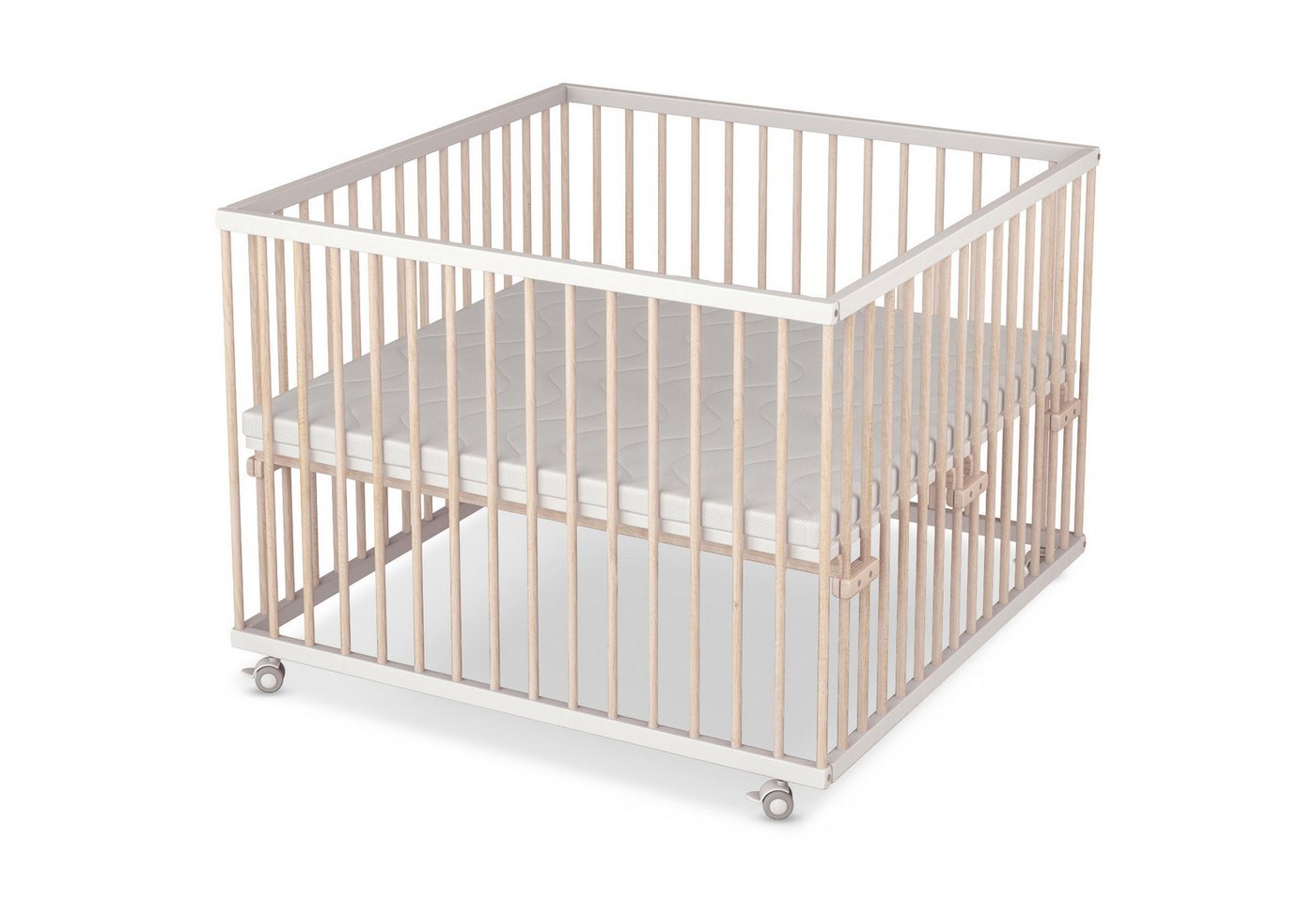 Sämann Babybett Laufgitter 100x100 cm mit Matratze SleepPlus weiß/natur Premium, stufenlos höhenverstellbar von Sämann