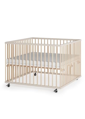 Sämann Laufstall Baby 100x100 cm mit Matratze Cloud Air, Lattenrost und Schlupfsprossen | stufenlos höhenverstellbar | Laufgitter Premium | Babybett aus Holz | Krabbelgitter Sahara dust/Natur von Sämann