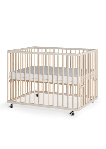 Sämann Laufstall Baby 75x100 cm mit Matratze und Schlupfsprossen | TÜV geprüft | stufenlos höhenverstellbar | Laufgitter Premium | Babybett aus Holz | Krabbelgitter Sahara dust/Natur von Sämann