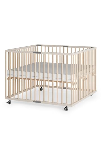 Sämann Laufstall faltbar Baby 100x100 cm mit SleepPlus Matratze | stufenlos höhenverstellbar | Laufgitter Premium | Babybett aus Holz | Krabbelgitter Sahara dust/Natur von Sämann