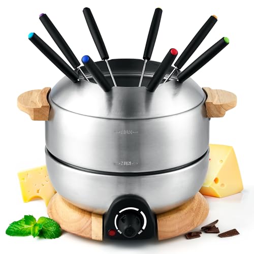 Sanenchue Fonduetopf, elektrisches Fonduetopf-Set für 6 Tassen für Käse und Schokolade, 8 farbcodierte Gabeln, Temperaturkontrolle, Edelstahl-Topf-Set, Massivholzboden und Griff, FD-24 von Saenchue