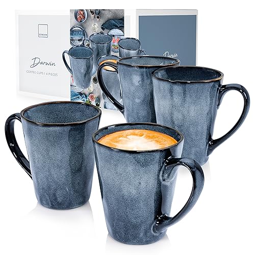 SÄNGER | Kaffeetassen Set Darwin 4 tlg, Kaffeebecher Set 4 Personen, Steingut Tasse Handmade, Kaffeebecher mit Henkel Spülmaschinenfest, Coffee Cups, Kaffeetasse Groß, Tassen Set Blau | 500 ml von Sänger