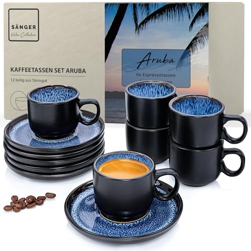 SÄNGER Aruba | Espressotassen Set Steingut 12 teilig, Mokka Tassen Set 6 Personen, Tassen & Untertassen - spülmaschinenfest mikrowellenfest - Tassenset blau mit schwarzem Rand 80 ml | VALUE COLLECTION von Sänger