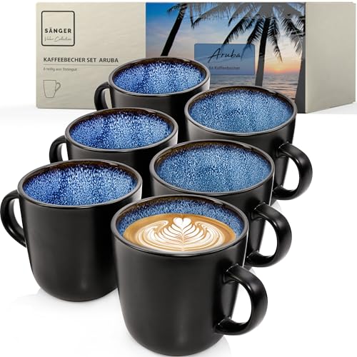 SÄNGER Aruba | Kaffeebecher 6 Personen, Steingut Kaffeetassen Set 6er, Tassen Set Teetasse Set spülmaschinenfest mikrowellenfest, Coffee Mug blau mit schwarzem Rand 430 ml | VALUE COLLECTION von Sänger
