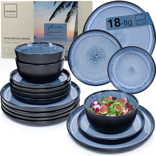 SÄNGER Aruba | Steingut Geschirr Set 18 tlg, Teller Set 6 Personen, Geschirrset 6x Speiseteller 6x Müslischalen 6x Dessertteller, Tafelservice blau mit schwarzem Rand kratzfest | VALUE COLLECTION von Sänger