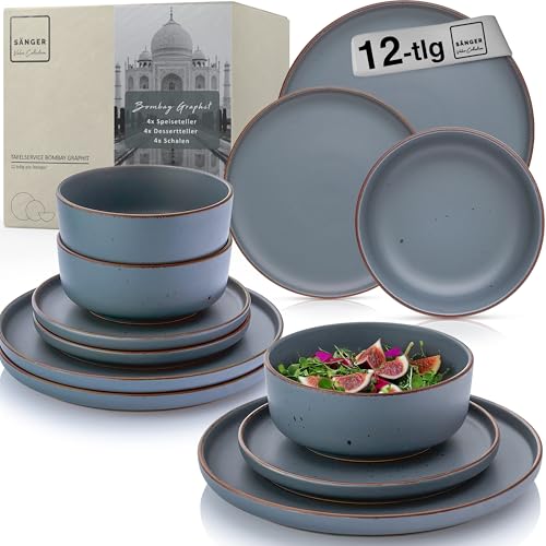 SÄNGER Bombay Graphit | Geschirrset 12 teilig, Steingut Geschirr 4 Personen, 4x Speiseteller 4x Dessertteller 4x Schalen, Teller Set modern | VALUE COLLECTION von Sänger