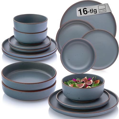 SÄNGER Bombay Graphit | Geschirrset 16 teilig, Steingut Geschirr 4 Personen, 4x Speiseteller 4x Dessertteller 4x Schalen 4x Pastateller, Teller Set modern | VALUE COLLECTION von Sänger