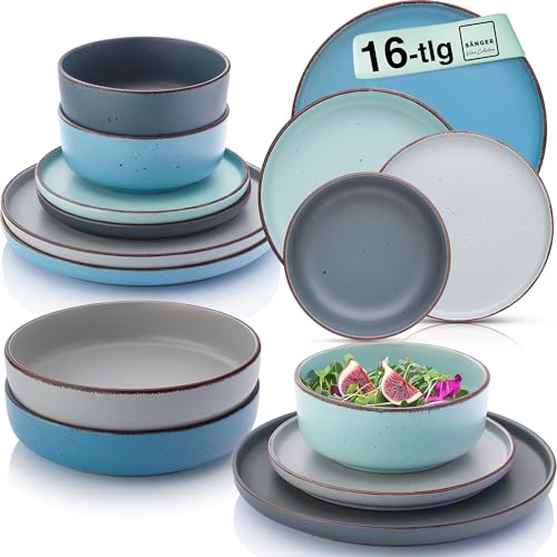 SÄNGER Bombay Sky Shades | Geschirrset 16 teilig, Steingut Geschirr 4 Personen, 4x Speiseteller 4x Dessertteller 4x Schalen 4x Pastateller, Teller Set bunt | VALUE COLLECTION von Sänger