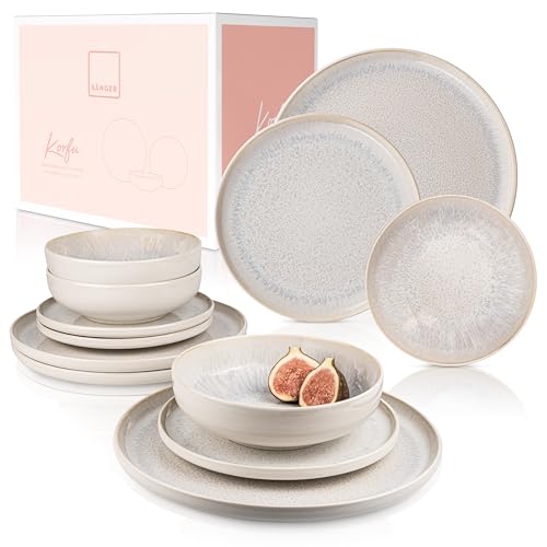 SÄNGER | Geschirrset Korfu 12 tlg, Tafelservice 4 Personen, Steingut Geschirr Handmade, Teller Set inkl. Essteller Dessertteller Tiefe Teller, Essgeschirr Creme Farben mit Sandiger Maserung von Sänger