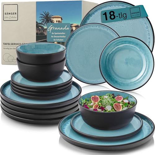 SÄNGER Granada | Steingut Geschirr Set 18 tlg, Teller Set 6 Personen, Geschirrset 6x Speiseteller 6x Müslischalen 6x Dessertteller, Tafelservice blau mit schwarzem Rand kratzfest | VALUE COLLECTION von Sänger
