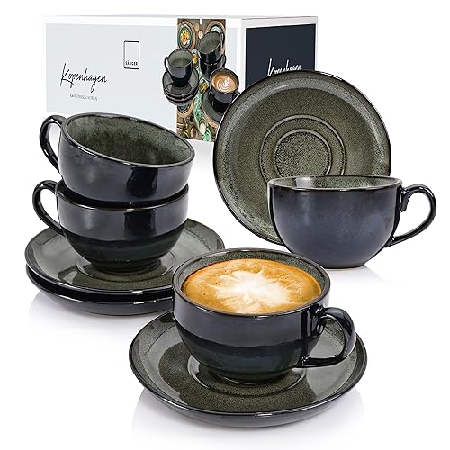 SÄNGER | Kaffeetassen Set Kopenhagen 8 tlg, Kaffeeservice 4 Personen, Kaffeetassen Set mit Untertasse Spülmaschinenfest, Steingut Tasse und Untertasse Grau mit Grüner Innenwand | 200 ml von Sänger