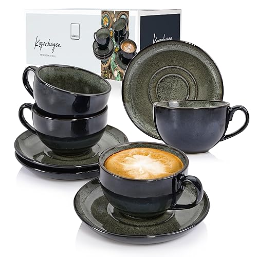 SÄNGER | Kaffeetassen Set Kopenhagen 8 tlg, Kaffeeservice 4 Personen, Kaffeetassen Set & Untertasse Spülmaschinenfest, Steingut Tasse & Untertasse Grau mit Grüner Innenwand 200 ml | PREMIUM COLLECTION von Sänger