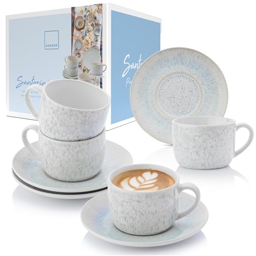 SÄNGER | Kaffeetassen Set mit Untertasse Santorini 8 tlg, Kaffeetassen und Untertassen 4 Personen, Steingut Kaffeeservice, Tassen Cremefarben mit Flieder Blauem Farbverlauf 150 ml | PREMIUM COLLECTION von Sänger