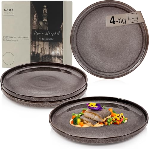 SÄNGER Kairo Graphit | Teller Set 4 Personen, 4x Speiseteller Set aus Steingut, Dinner Set kratz - mikrowellen - spülmaschinenfest, Steingut Teller Essteller Essgeschirr, Mocha Braun VALUE COLLECTION von Sänger